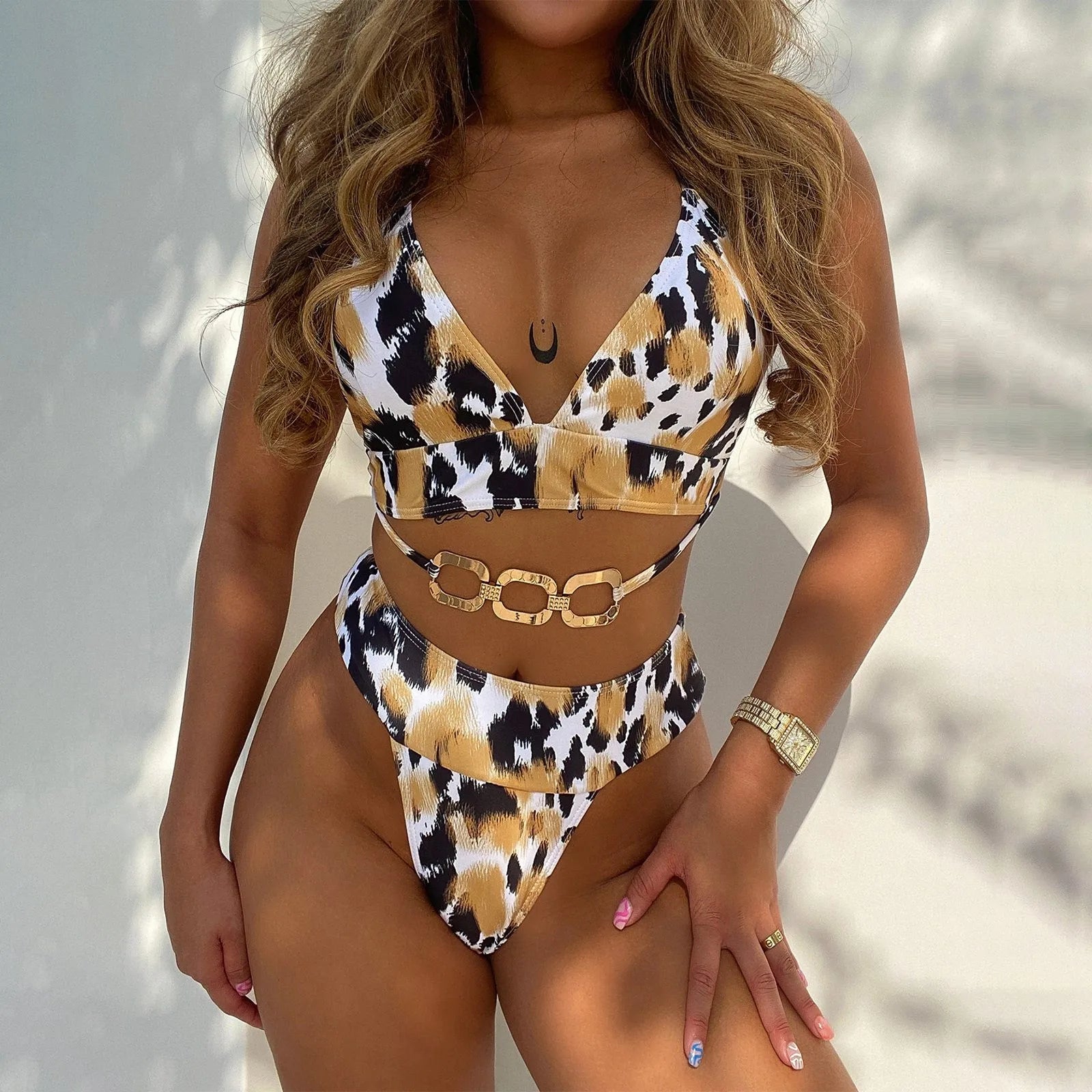 Sexy Leopard Print Chan Accent High Waisted Brazilian Bikini Swimsuit